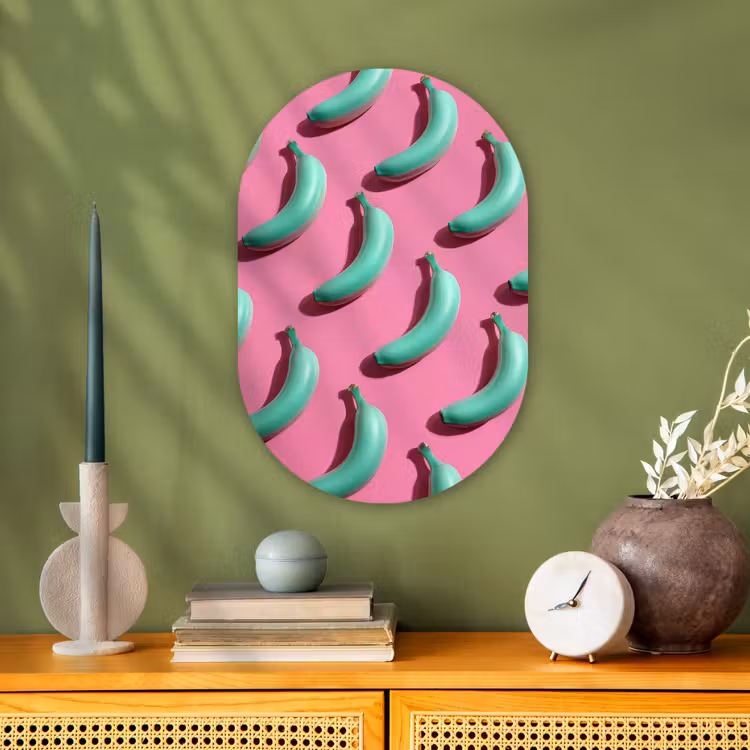Bananen - Patroon - Blauw - Roze Wandcirkel Ovaal Forex klein -sfeer2