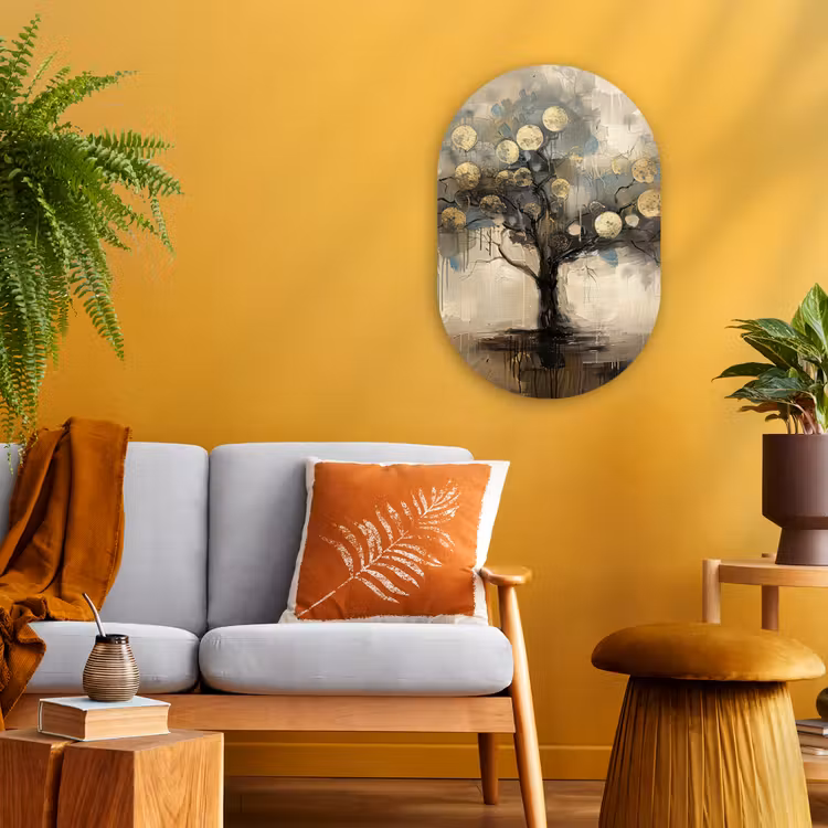 Beige - Abstract - Boom - Goud Wandcirkel Ovaal Forex klein -sfeer4