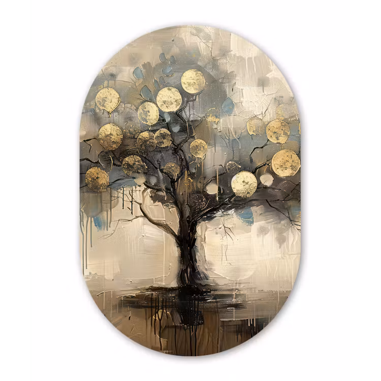 Beige - Abstract - Boom - Goud Wandcirkel Ovaal Forex klein -3d