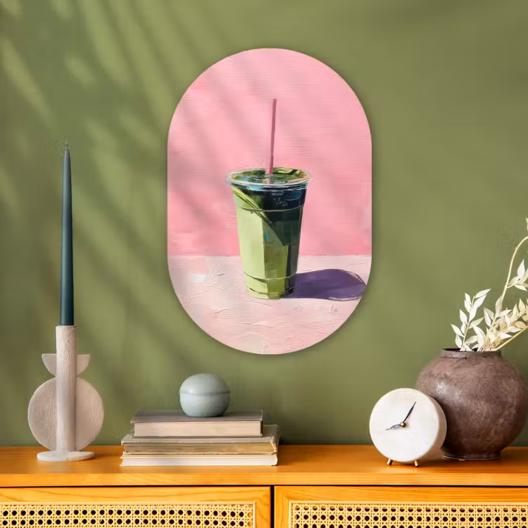 Beker - Rietje - Minimalistisch - Groen Wandcirkel Ovaal Forex klein -sfeer2