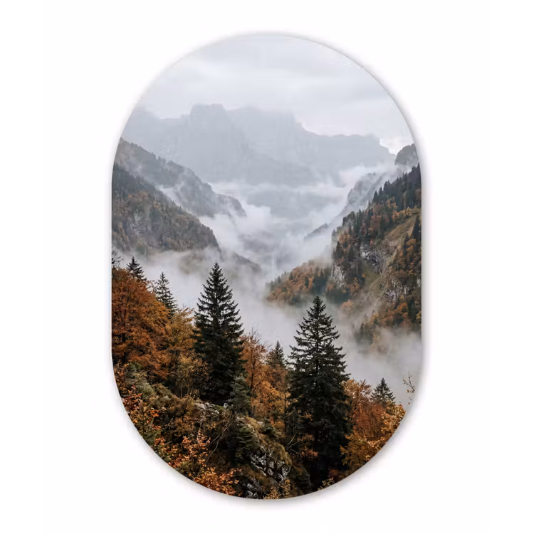 Bergen - Vallei - Mist - Herfst - Natuur Wandcirkel Ovaal Forex klein -3d