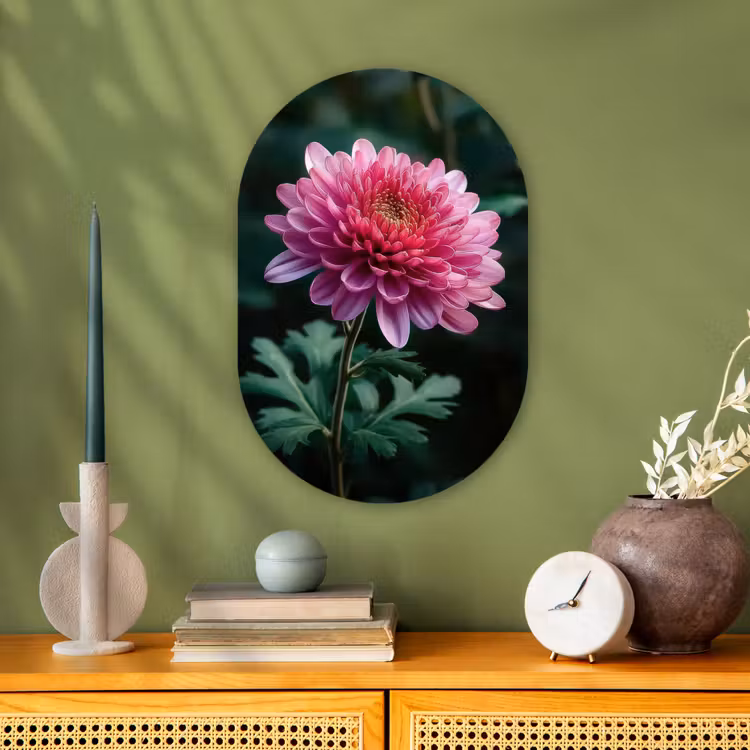 Blad - Chrysant - Roze - Schaduw Wandcirkel Ovaal Forex klein -sfeer2