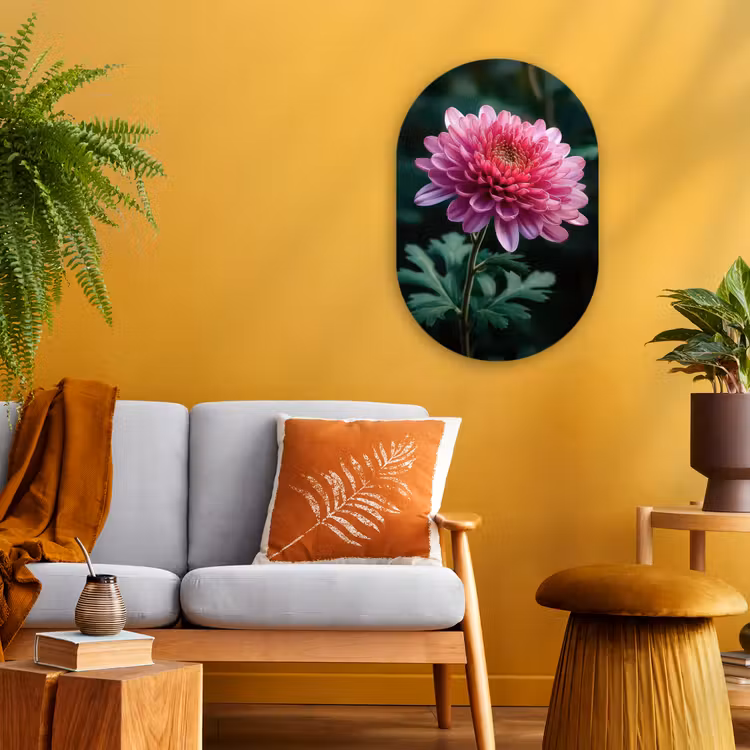 Blad - Chrysant - Roze - Schaduw Wandcirkel Ovaal Forex klein -sfeer4