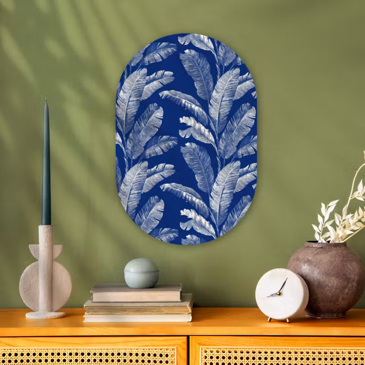 Blad - Palm - Blauw Wandcirkel Ovaal Forex klein 630 -sfeer2