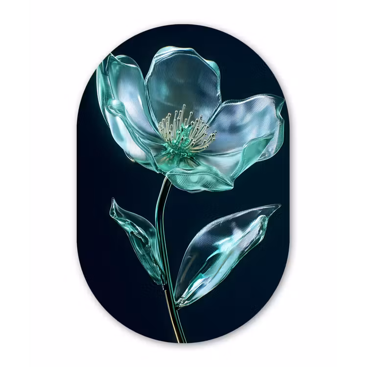 Bladeren - Bloem - Glazen - Donkerblauw Wandcirkel Ovaal Forex klein -3d