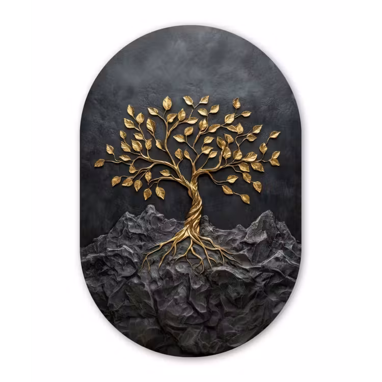 Bladeren - Goud - Boom - Rots Wandcirkel Ovaal Forex klein -3d