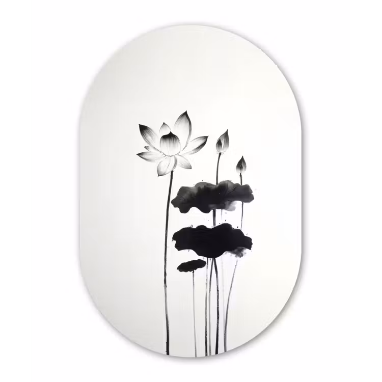 Bladeren - Zwart - Lotusbloem - Minimalitisch Wandcirkel Ovaal Forex klein -3d