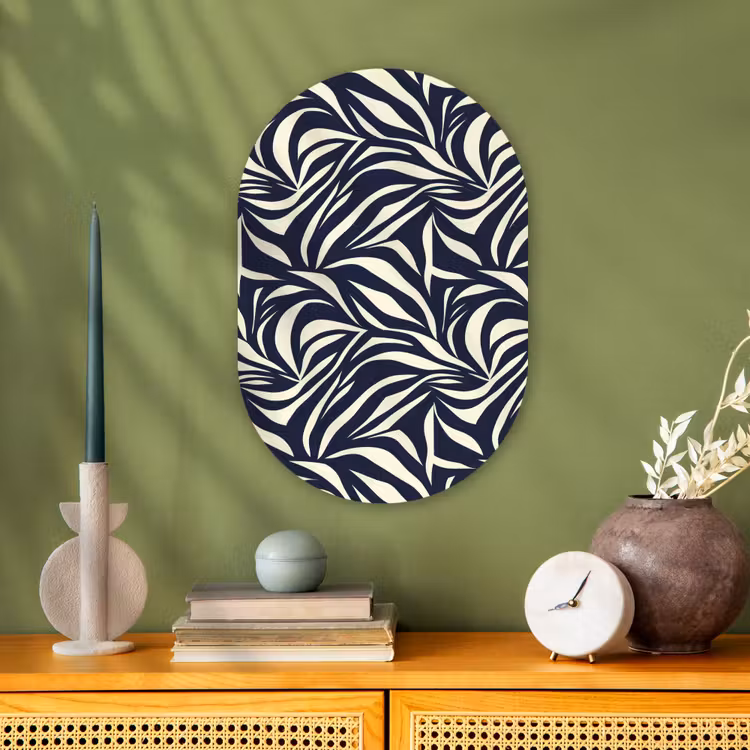 Bladvormen - Blauw - Patroon - Wit Wandcirkel Ovaal Forex klein 630 -sfeer2