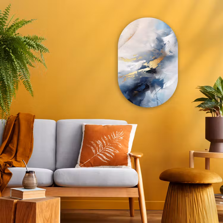 Blauw - Modern - Marmer - Abstract - Goud Wandcirkel Ovaal Forex klein -sfeer4