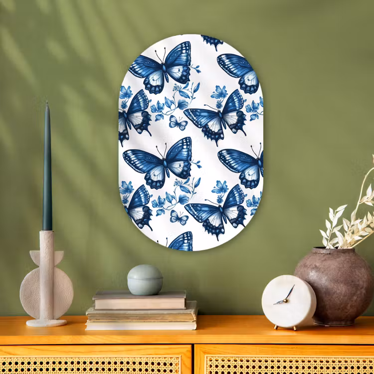 Blauw - Vlinders - Bloemen - Wit Wandcirkel Ovaal Forex klein 630 -sfeer2
