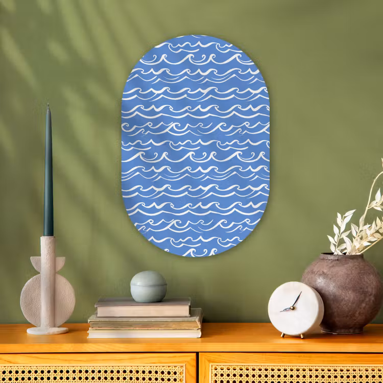 Blauw - Wit - Simpel - Getekend - Golven Wandcirkel Ovaal Forex klein 630 -sfeer2