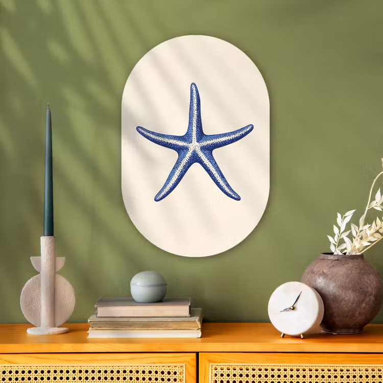 Blauwe zeester - Minimalistisch - Beige Wandcirkel Ovaal Forex klein -sfeer2