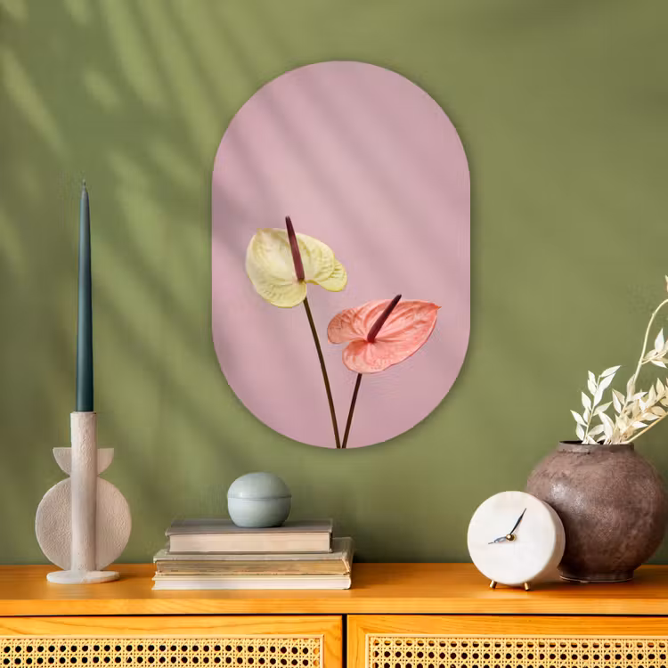 Bloemen - Anthuriums - Geel - Roze Wandcirkel Ovaal Forex klein -sfeer2