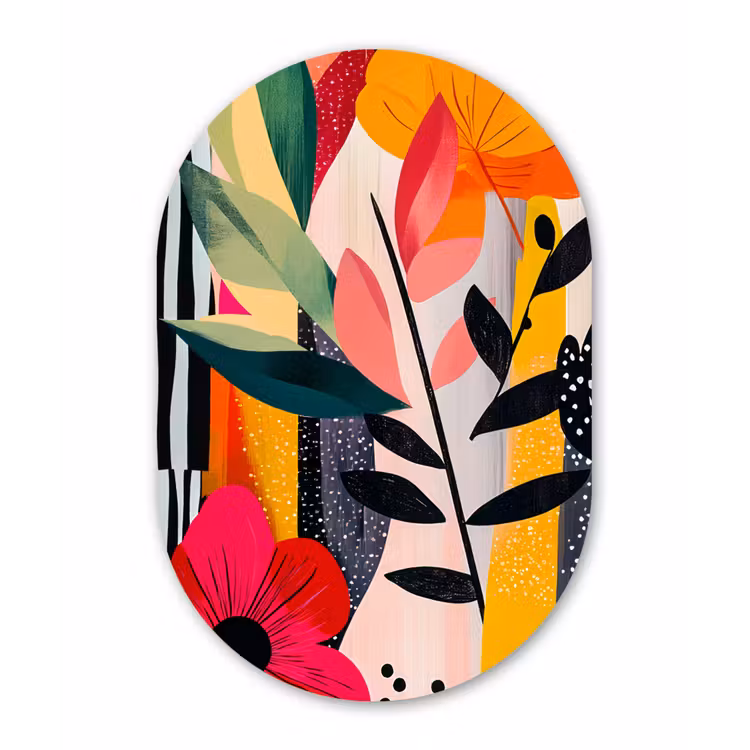 Bloemen - Bladeren - Abstract - Kleurrijk Wandcirkel Ovaal Forex klein -3d