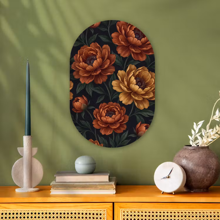 Bloemen - Bladeren - Natuur - Modern - Oranje Wandcirkel Ovaal Forex klein -sfeer2