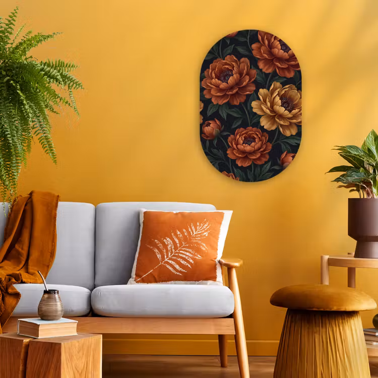 Bloemen - Bladeren - Natuur - Modern - Oranje Wandcirkel Ovaal Forex klein -sfeer4