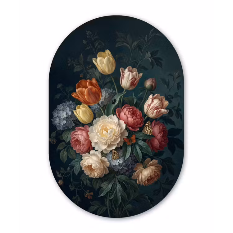 Bloemen - Boeket - Natuur - Klassiek - Donker Wandcirkel Ovaal Forex klein -3d