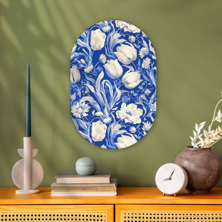 Bloemen - Delfts Blauw - Patroon - Tulp Wandcirkel Ovaal Forex klein -sfeer2