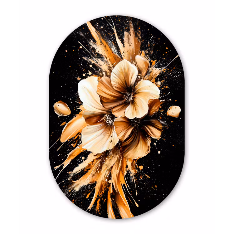 Bloemen - Goud - Graffiti - Zwart - Abstract Wandcirkel Ovaal Forex klein -3d