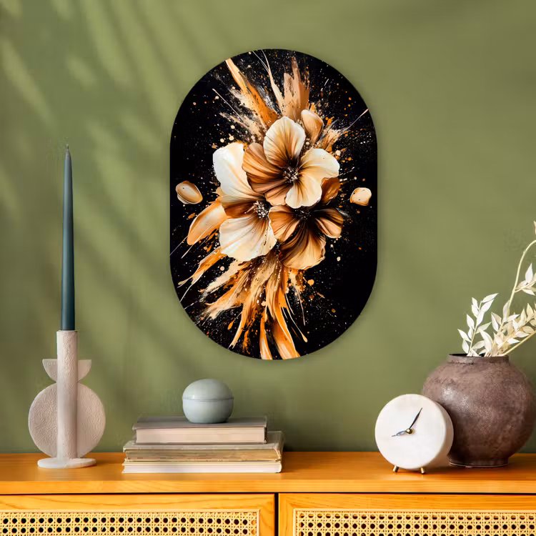 Bloemen - Goud - Graffiti - Zwart - Abstract Wandcirkel Ovaal Forex klein -sfeer2