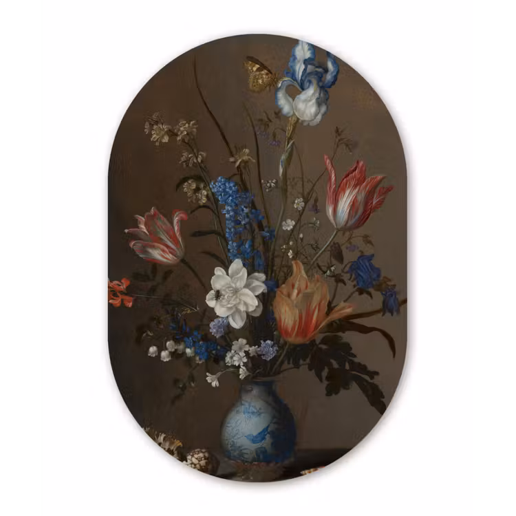 Bloemen in een Wan-Li vaas en schelpen - Schilderij van Balthasar van der Ast Wandcirkel Ovaal Forex klein -3d