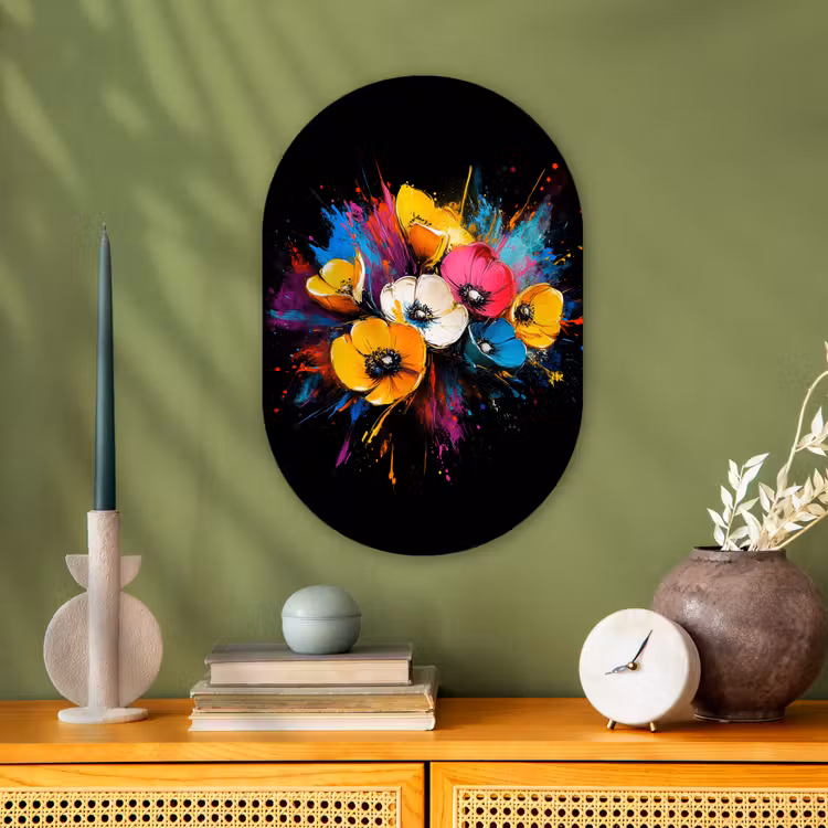 Bloemen - Kleurrijk - Graffiti - Modern - Boeket Wandcirkel Ovaal Forex klein -sfeer2