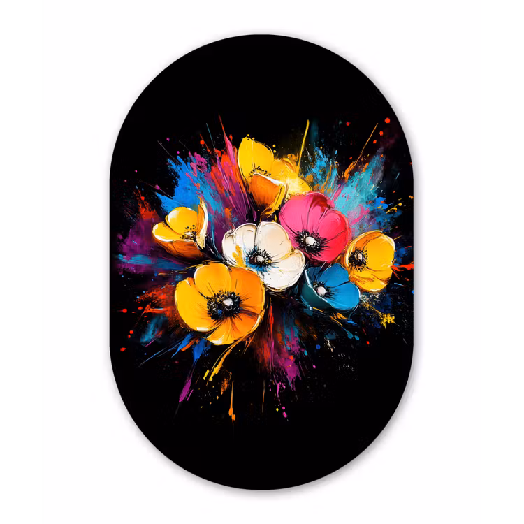 Bloemen - Kleurrijk - Graffiti - Modern - Boeket Wandcirkel Ovaal Forex klein -3d