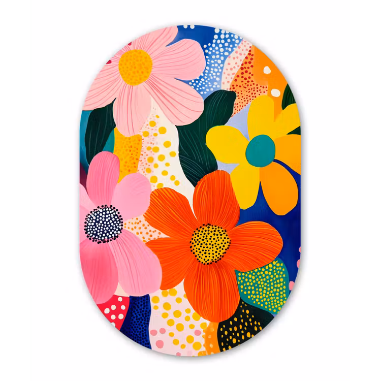 Bloemen - Kleurrijk - Stippen Wandcirkel Ovaal Forex klein -3d