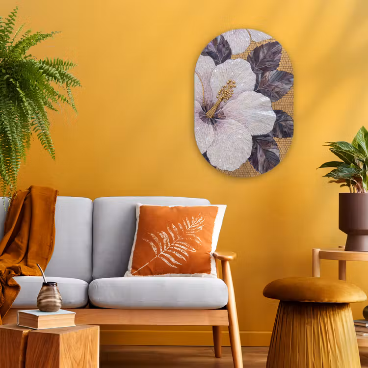 Bloemen - Mozaïek - Kunst - Modern - Goud Wandcirkel Ovaal Forex klein -sfeer4
