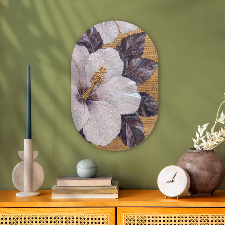 Bloemen - Mozaïek - Kunst - Modern - Goud Wandcirkel Ovaal Forex klein -sfeer2
