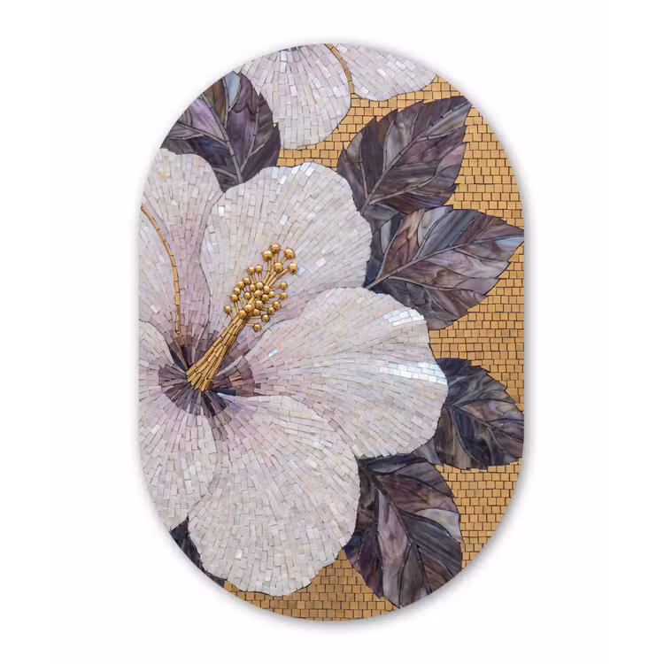 Bloemen - Mozaïek - Kunst - Modern - Goud Wandcirkel Ovaal Forex klein -3d