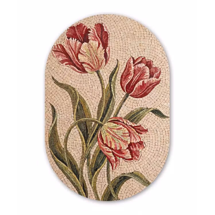 Bloemen - Mozaïek - Rood - Groen - Kunst Wandcirkel Ovaal Forex klein -3d