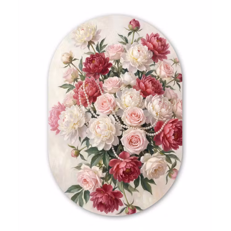 Bloemen - Parels - Romantiek - Klassiek - Roze Wandcirkel Ovaal Forex klein -3d