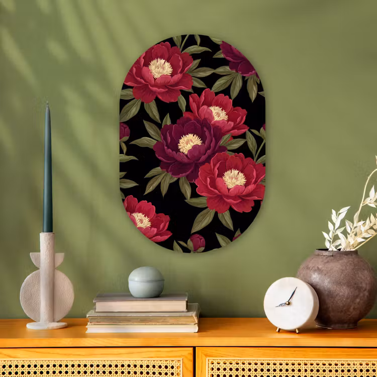 Bloemen - Patroon - Botanisch - Rood - Zwart Wandcirkel Ovaal Forex klein -sfeer2