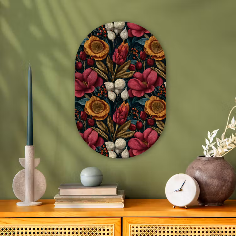 Bloemen - Patroon - Rood - Goud Wandcirkel Ovaal Forex klein 630 -sfeer2