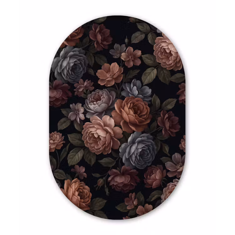 Bloemen - Patroon - Vintage - Donker - Roze Wandcirkel Ovaal Forex klein -3d