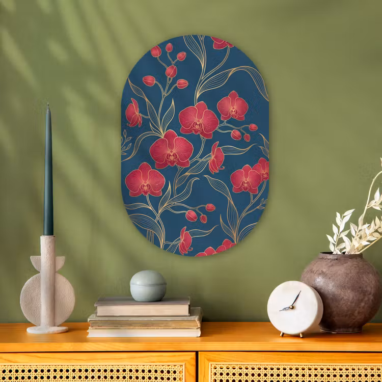 Muurovaal - Bloemen - Rood - Goud - Bloemen - Rood - Goud Wandcirkel Ovaal Forex klein
