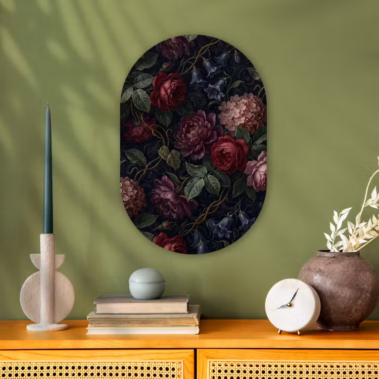 Bloemen - Rood - Klassiek - Donker - Patroon Wandcirkel Ovaal Forex klein -sfeer2