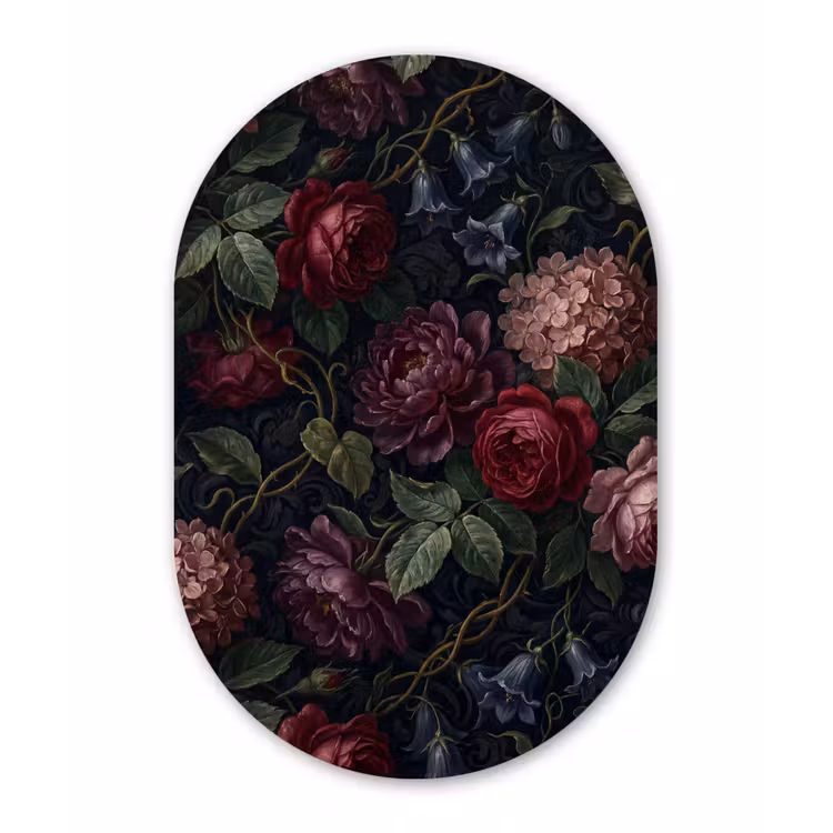 Bloemen - Rood - Klassiek - Donker - Patroon Wandcirkel Ovaal Forex klein -3d