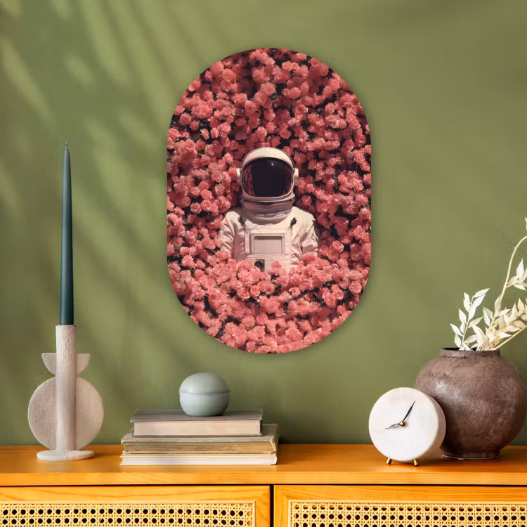Bloemen - Roze - Astronaut Wandcirkel Ovaal Forex klein -sfeer2
