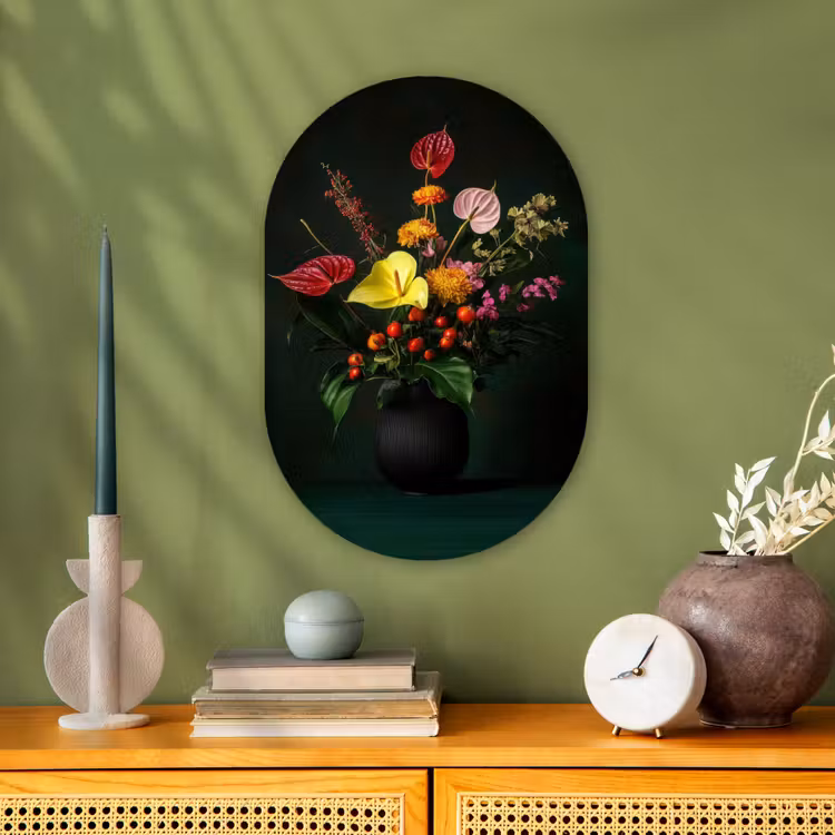 Bloemen - Vaas - Zwart Wandcirkel Ovaal Forex klein -sfeer2