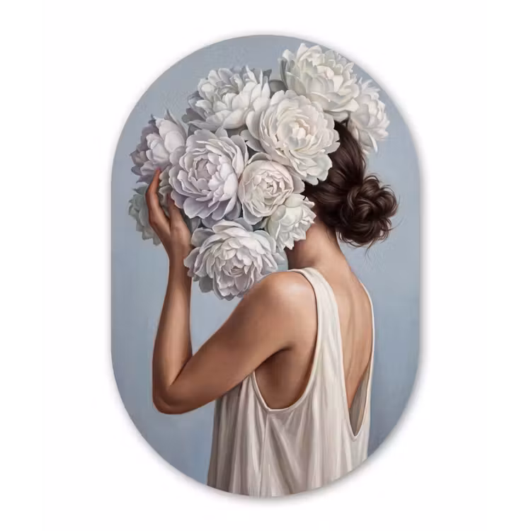 Bloemen - Vrouw - Wit Wandcirkel Ovaal Forex klein -3d