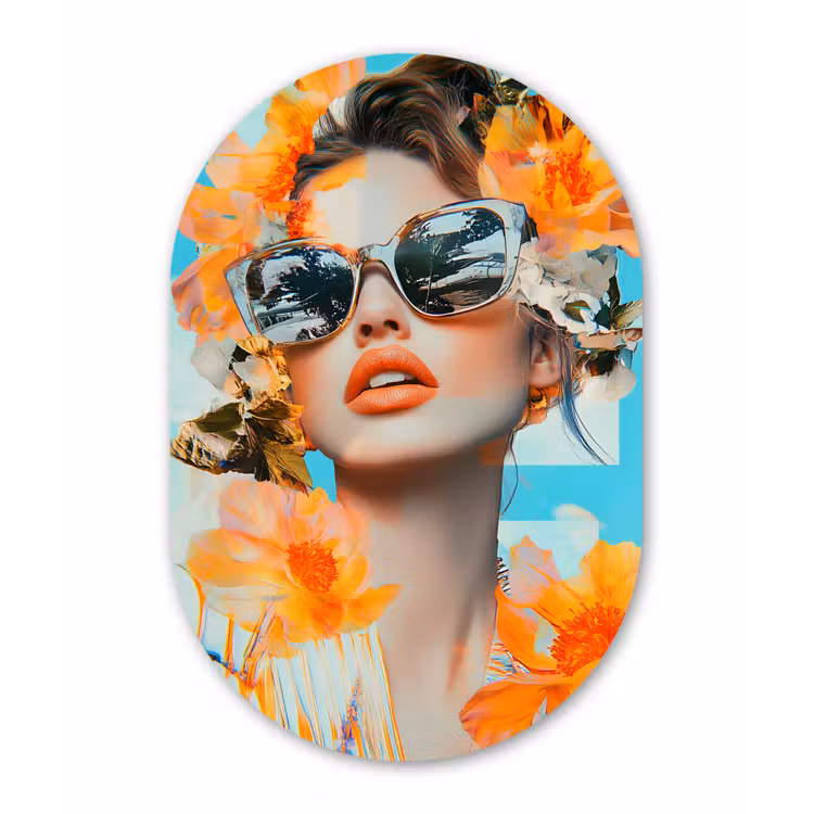 Bloemen - Vrouw - Zonnebril - Blauw Wandcirkel Ovaal Forex klein -3d