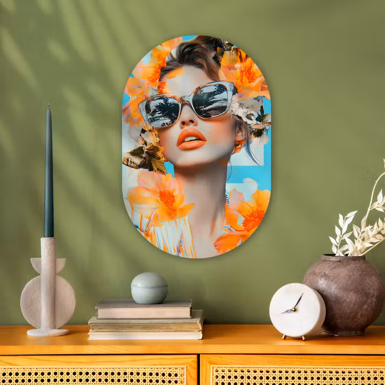 Bloemen - Vrouw - Zonnebril - Blauw Wandcirkel Ovaal Forex klein -sfeer2