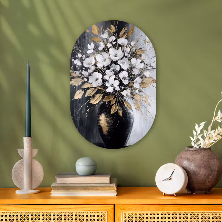 Bloemen - Wit - Vaas - Abstract Wandcirkel Ovaal Forex klein -sfeer2