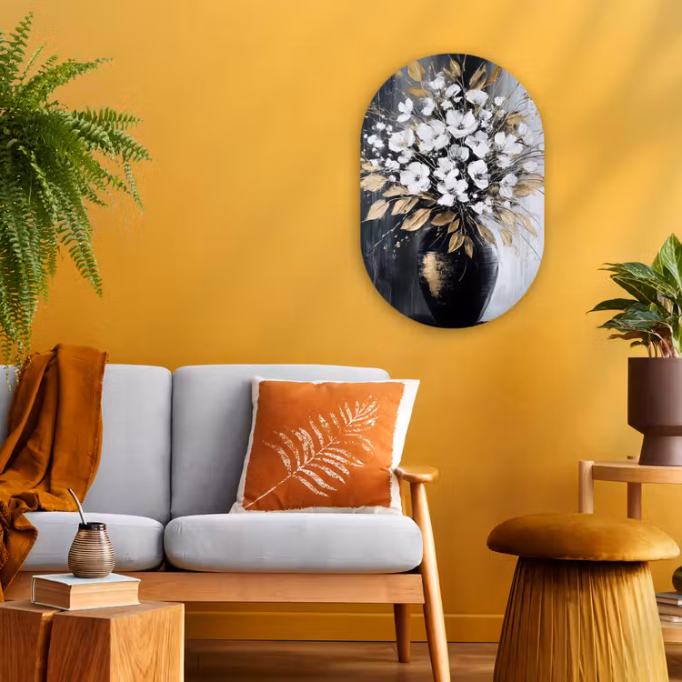 Bloemen - Wit - Vaas - Abstract Wandcirkel Ovaal Forex klein -sfeer4