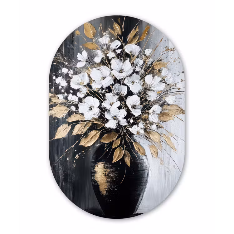 Bloemen - Wit - Vaas - Abstract Wandcirkel Ovaal Forex klein -3d