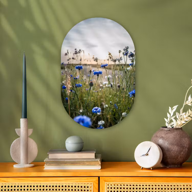 Bloemen - Zomer - Korenbloem - Blauw - Zon - Wolken Wandcirkel Ovaal Forex klein -sfeer2