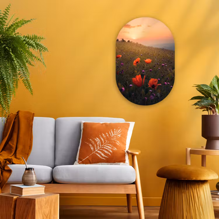 Bloemenveld - Gras - Bloemen - Planten - Zonsondergang - Oranje Wandcirkel Ovaal Forex klein -sfeer4