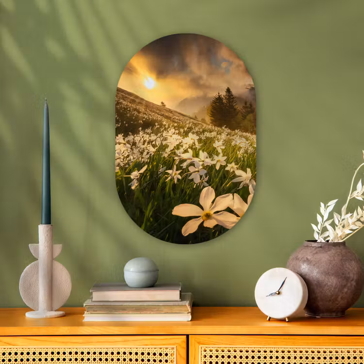 Bloemenveld - Heuvels - Zonsondergang - Berg - Natuur - Wit Wandcirkel Ovaal Forex klein -sfeer2